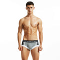 Men's cotton boxers in low waist design with hip-lifting function in red, dark blue, or light grey