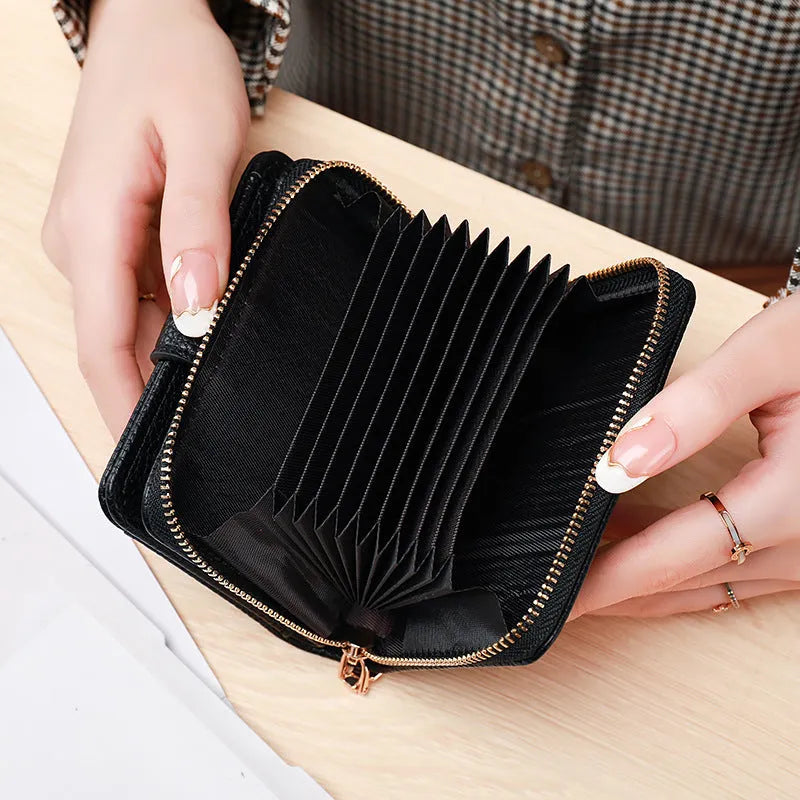 Ladies' short 2-fold wallet in PU leather showing beige, pink, black, and red colour options