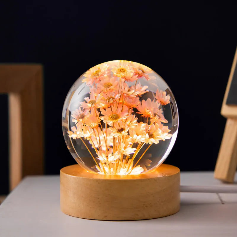 3D dandelion crystal ball USB night light on a beech wood stand base.