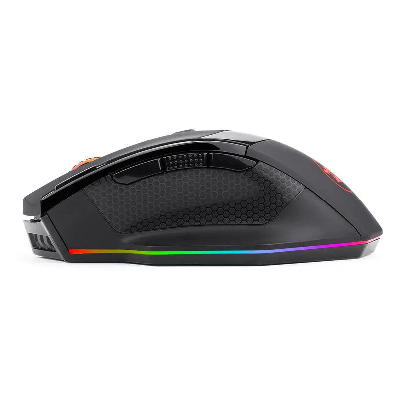 Black Redragon M801P wireless dual-mode gaming mouse with multiple side buttons on a grey surface.
