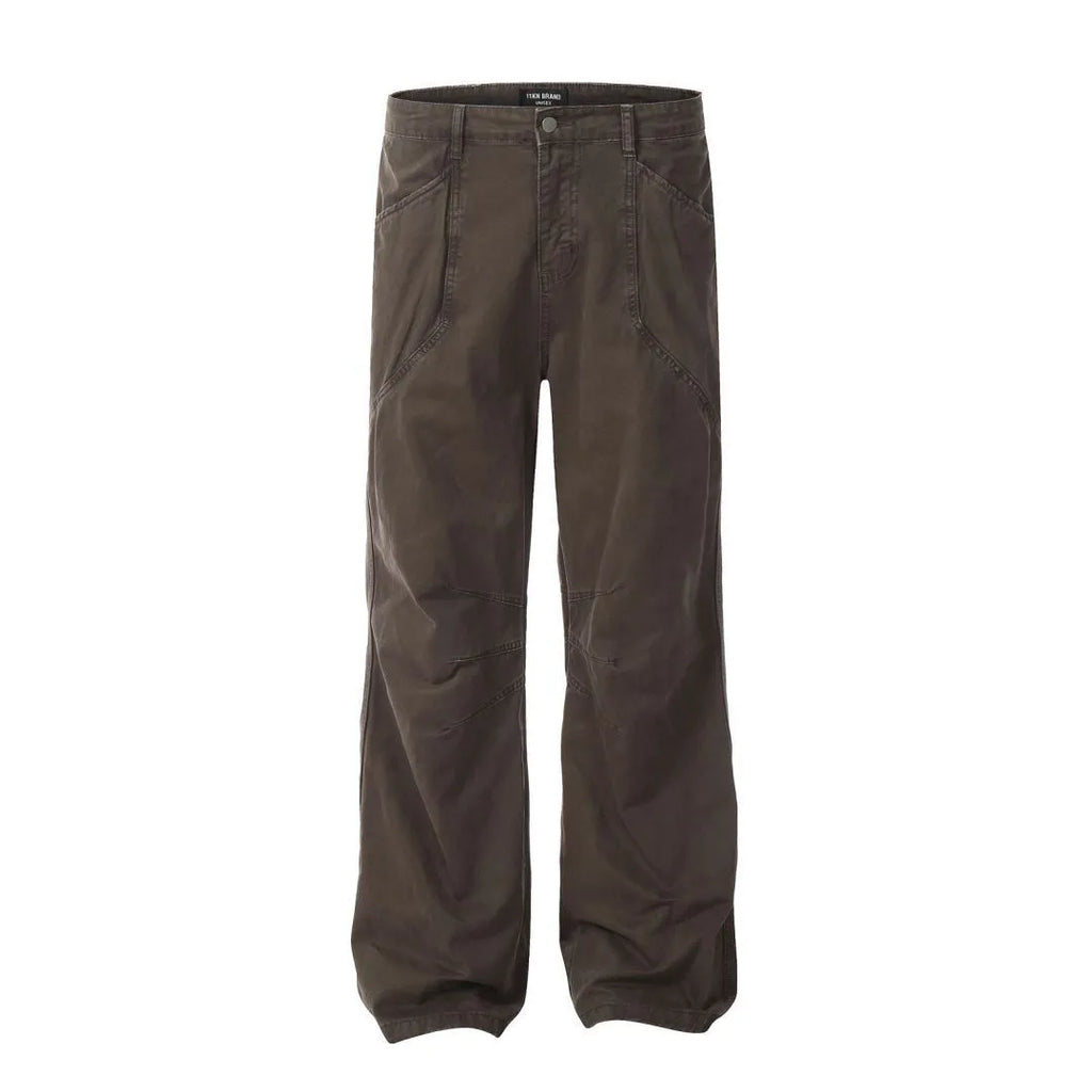 Men's loose straight leg high waist cotton trousers in brown and light khaki with zipper fly
