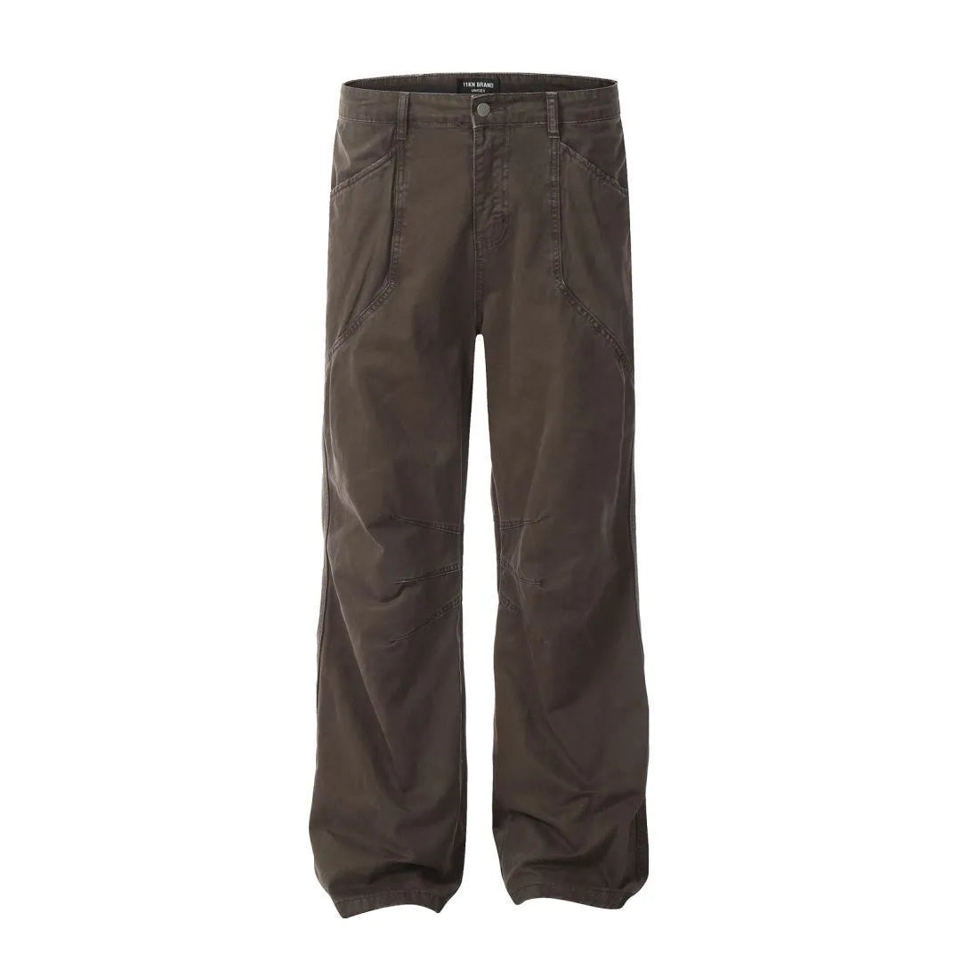 Men's loose straight leg high waist cotton trousers in brown and light khaki with zipper fly
