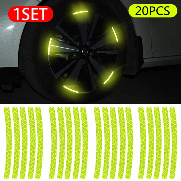 Pack of 20 arc-shaped reflective PVC stickers for car wheel hubs in various colour options