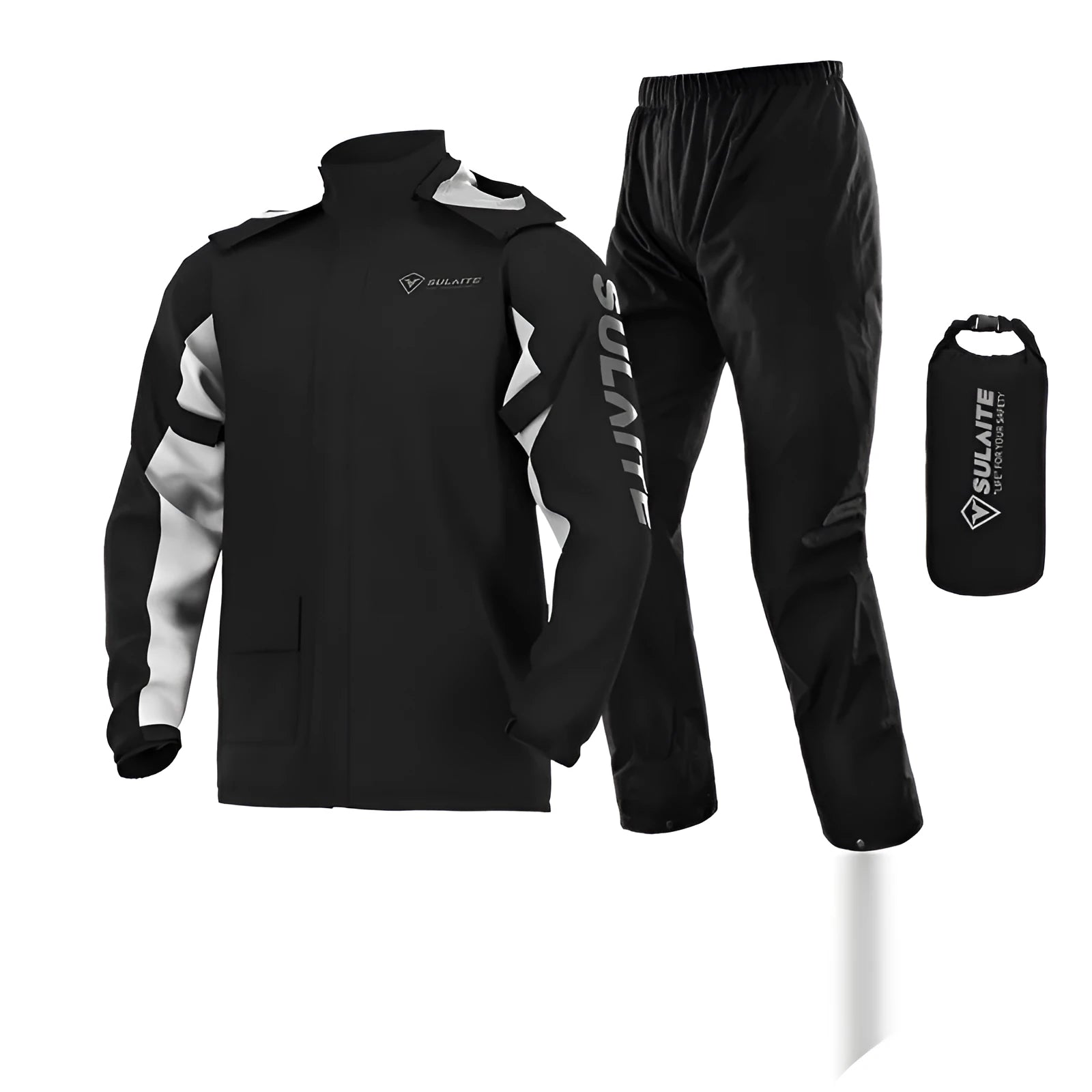 Adult motorcycle rain suit set including raincoat, trousers, and hidden shoe covers.