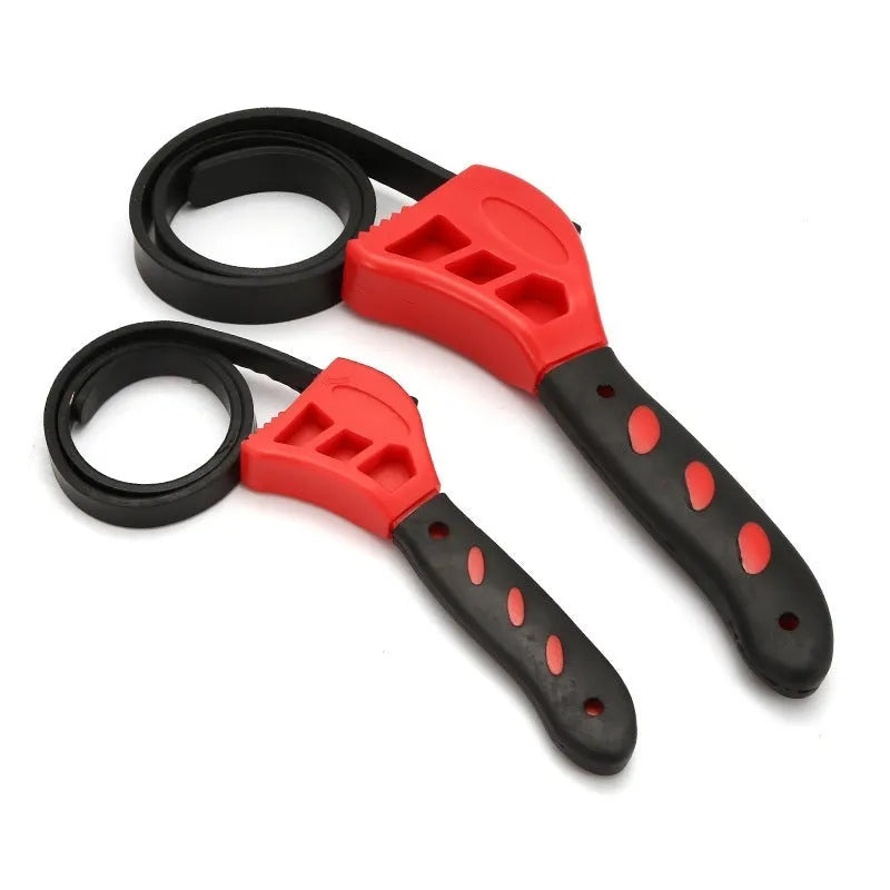 Adjustable rubber strap wrench set with 6-inch and 8-inch sizes on a workbench