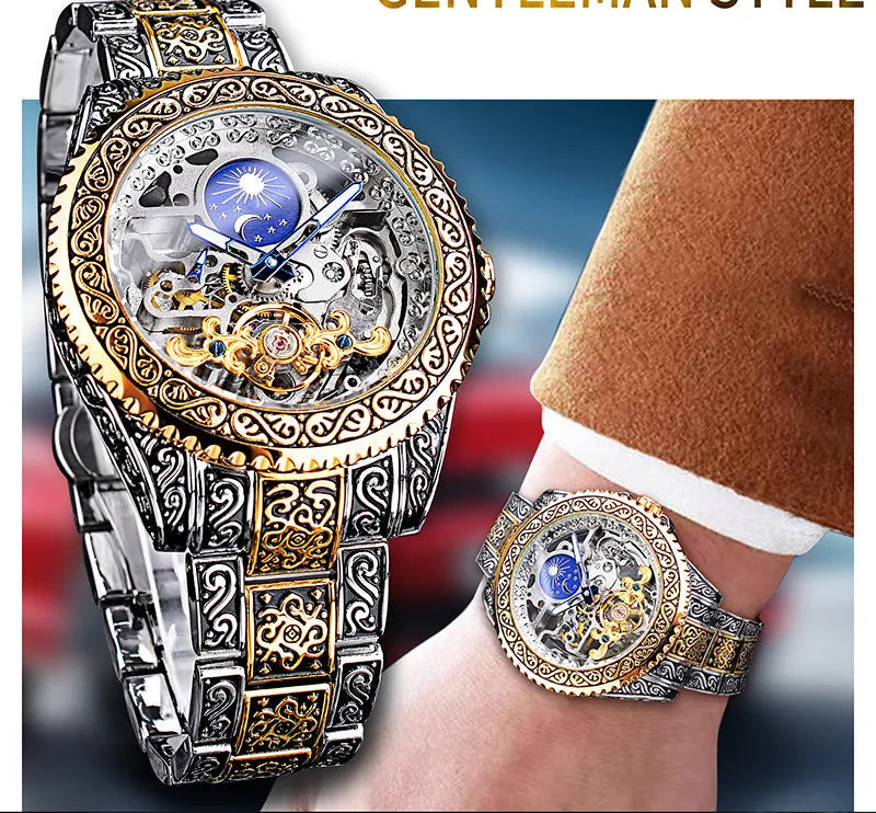 Forsining yellow skeleton tourbillon mechanical watch with stainless steel band and visible movement