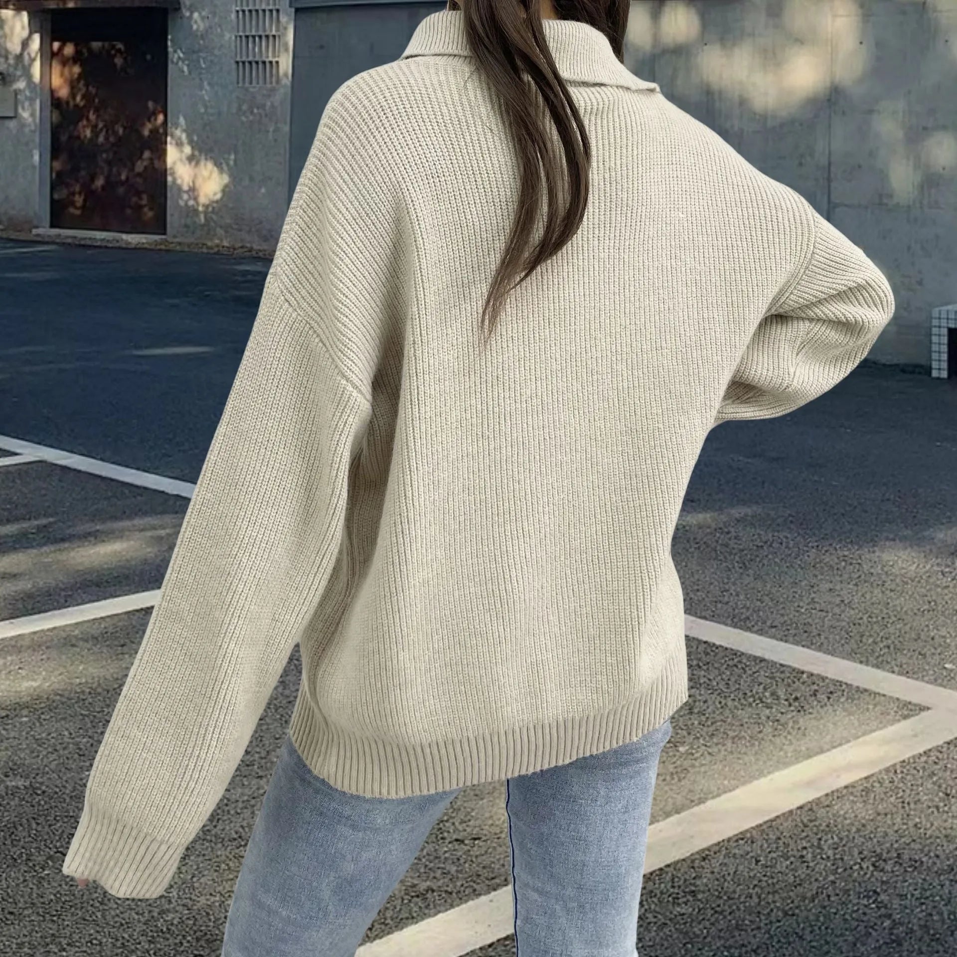 Women's retro turtleneck pullover sweater with oblique zip and loose lapels in alpaca wool blend fabric