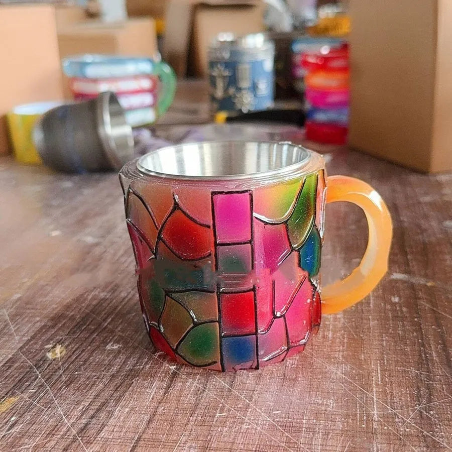 Painted bookmark coffee cup in synthetic resin with American style designs measuring 13cm tall