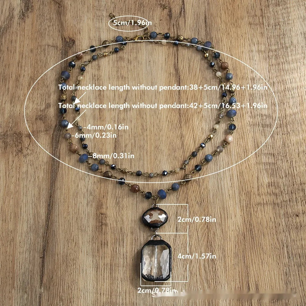 Tribal style two-layer chain necklace with stone and glass pendants in beige or blue colours
