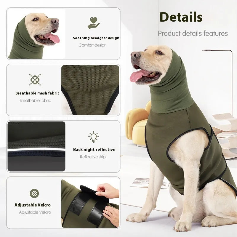 Army green polyester dog calming jacket for anxiety relief with gentle pressure design