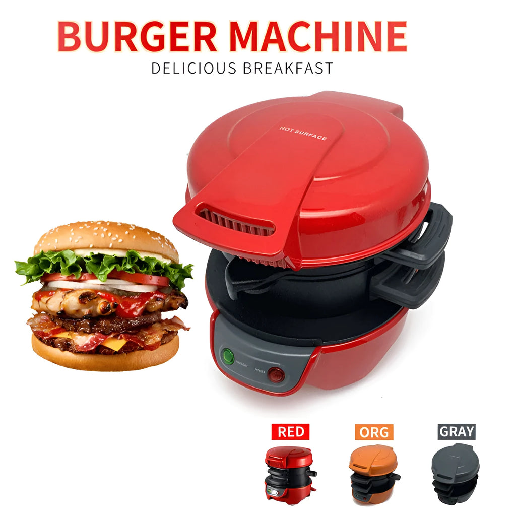 Bright red household breakfast sandwich maker with egg cooker ring and mechanical controls