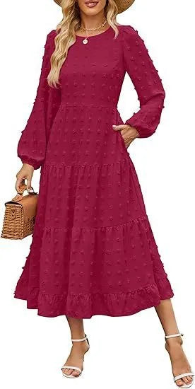 Women's beige long sleeve casual dress with ruffled sleeves and a high waist.