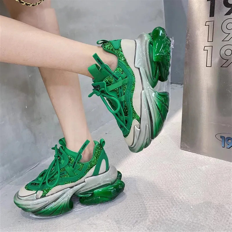 Women's leather casual sports shoes with thick jelly sole and cross tie design in various colours