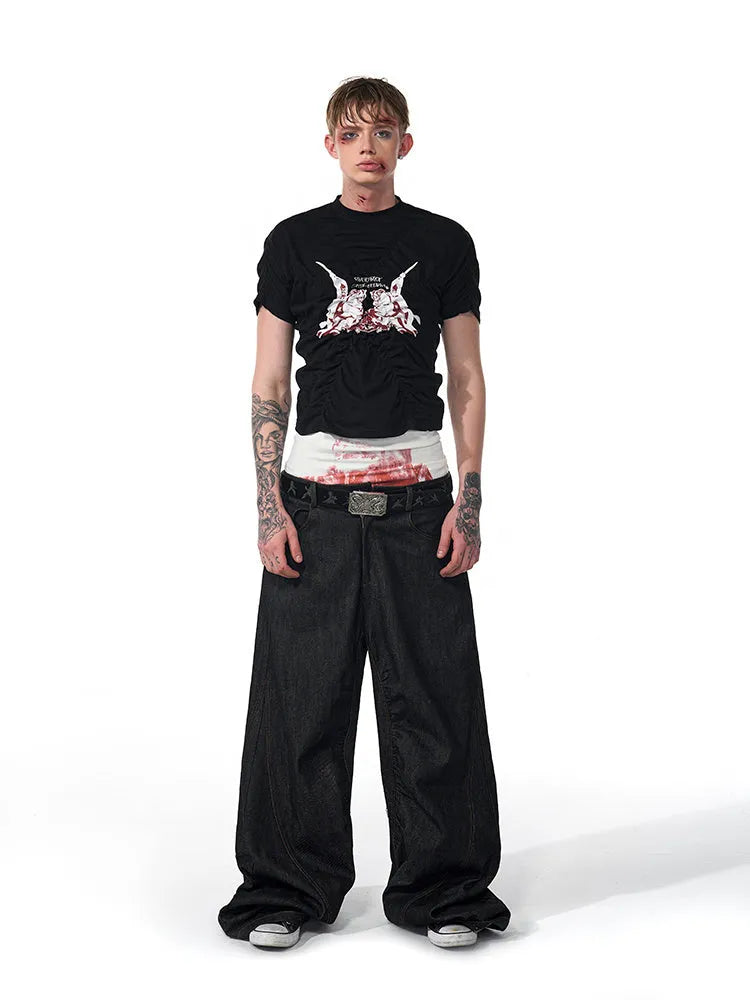 Black printed men's slim fit summer t-shirt with short sleeves and round neck collar