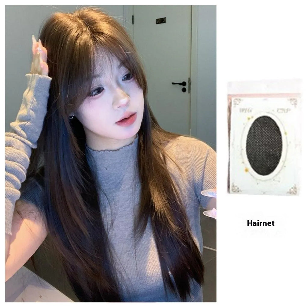 Women's cold brown layered long straight full-head wig with lace-style hair net