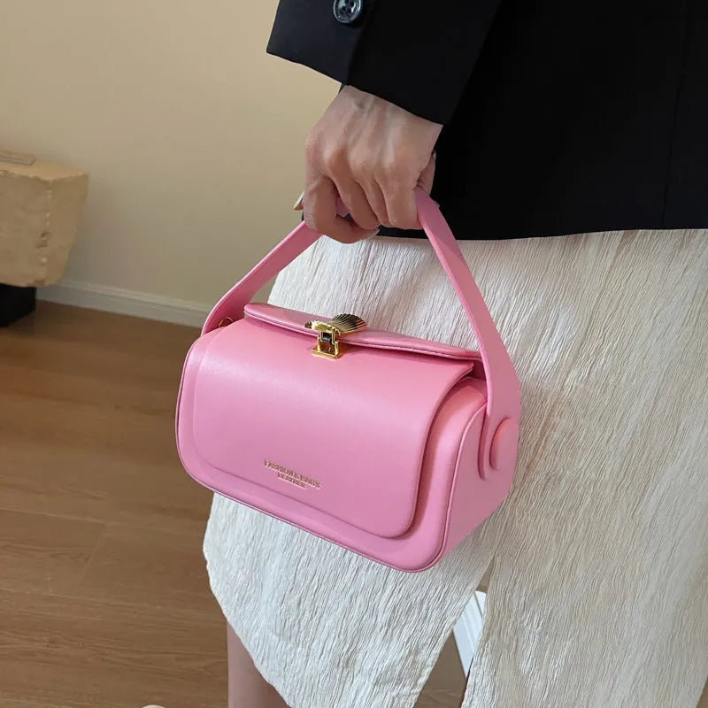 Women's casual shoulder messenger bag in PU leather, shown in black, beige, pink, and khaki colour options.