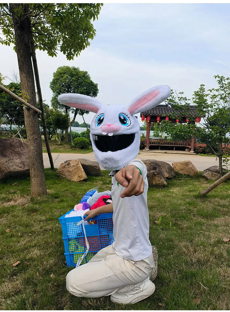 Long Eared Rabbit White plush helmet cover with decorative rabbit head design for electric motorcycles