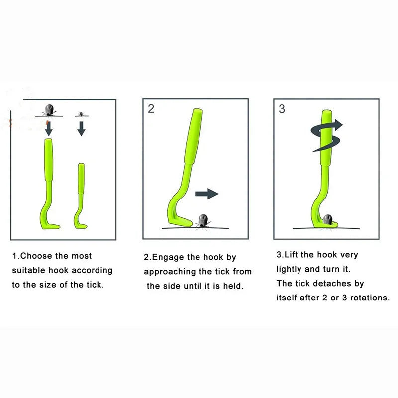 Three plastic tick removal tools with hook design for pets, shown in blue and green colours