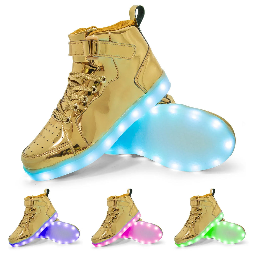 Pair of black high-top shoes with velcro strap and glowing LED lights on the soles.