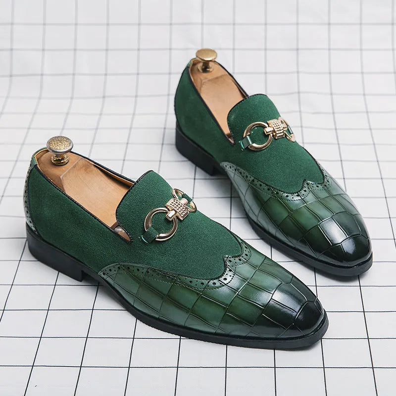 Men's black and green Korean style casual leather shoes with pointed toe and rubber sole