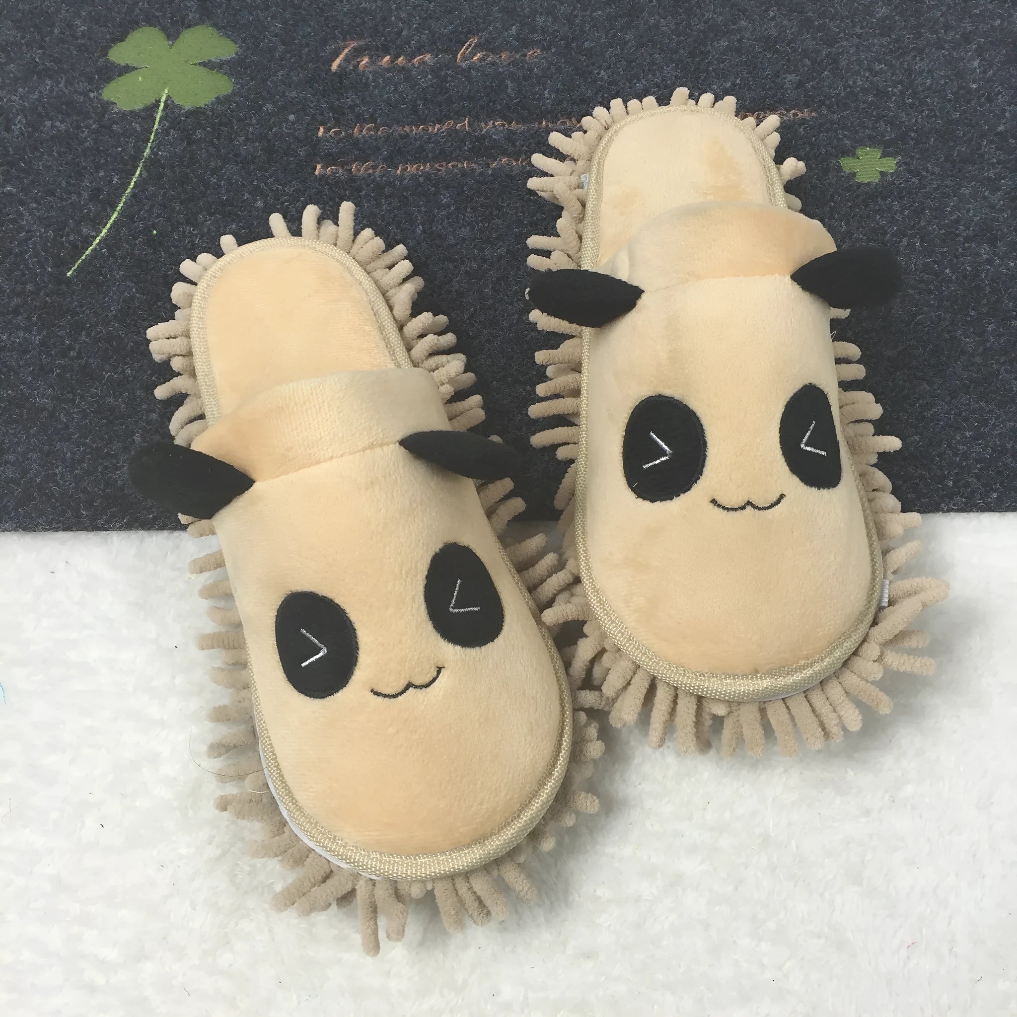 Cute panda national treasure lazy mute slippers in beige with removable washable coral fleece upper and chenille sole