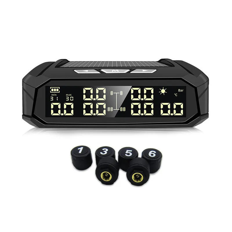 Solar-powered external tyre pressure monitor display unit for six-wheel trucks and RVs