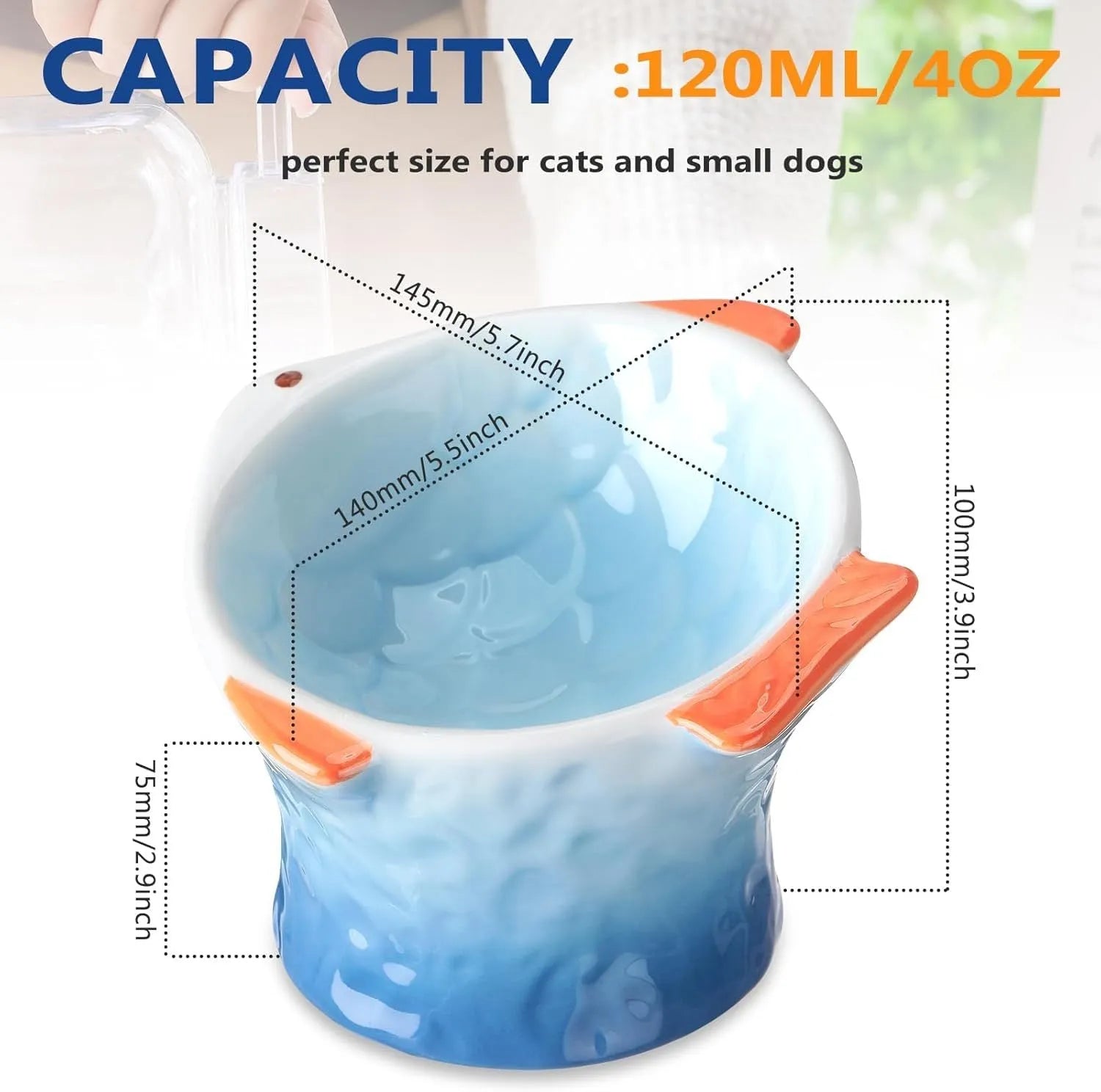 Blue fish-shaped ceramic cat bowl with 15-degree tilt angle on a wooden floor.