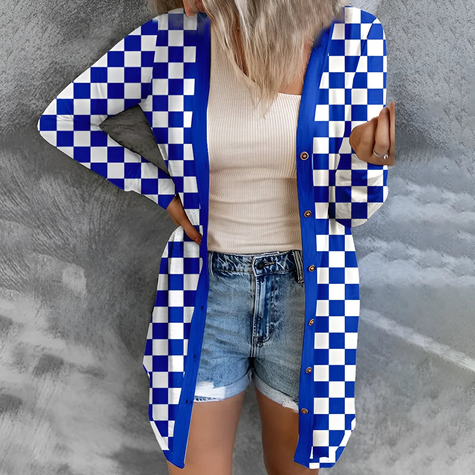 Women's long plaid knitted cardigan coat in polyester fabric with street fashion styling