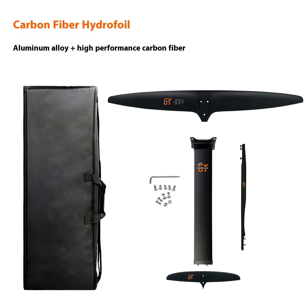 Black carbon fibre racing hydrofoil board with aluminium alloy construction and 1051mm front wing