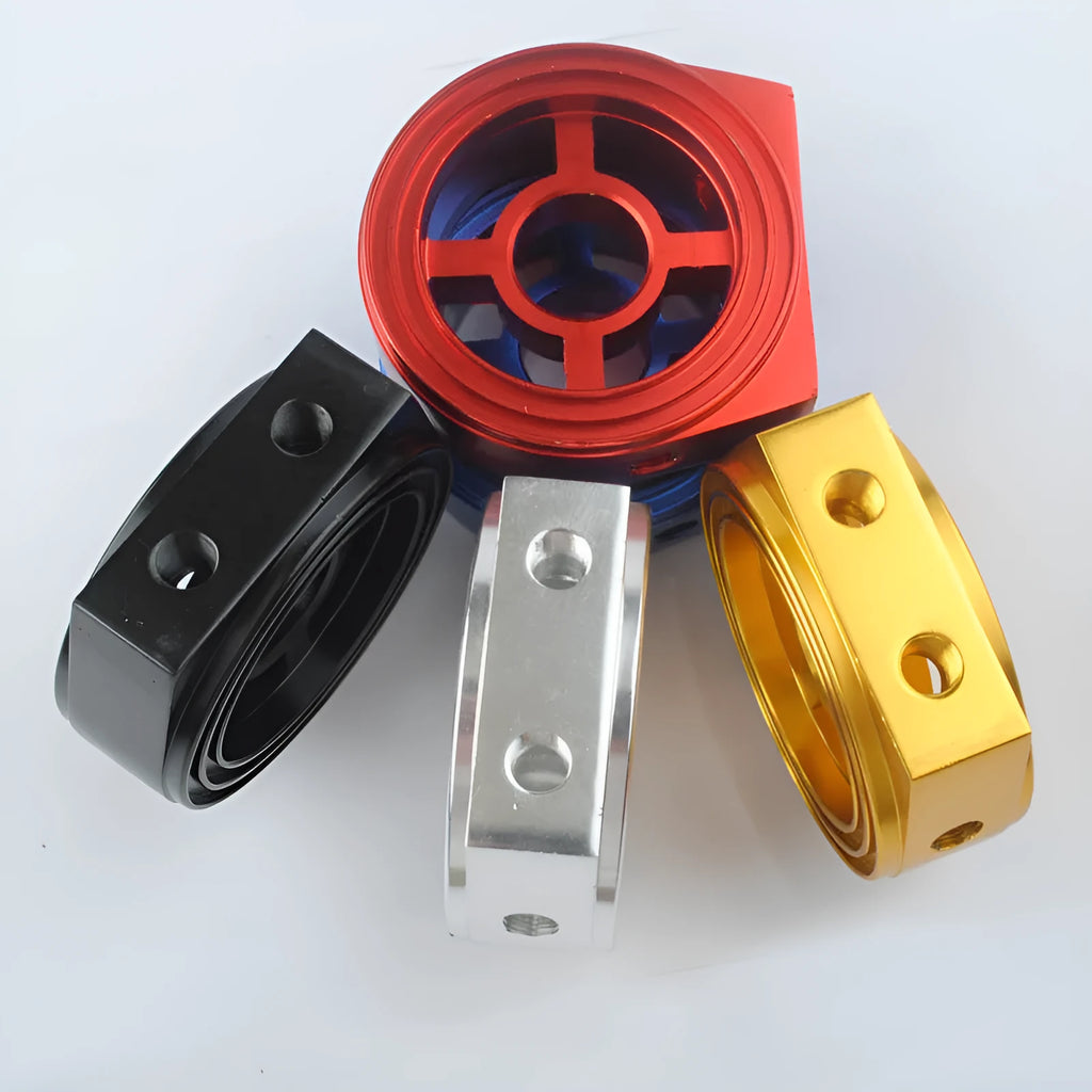 Universal aluminium alloy oil pressure gauge adapter in red, blue, black, gold, and silver colour options.