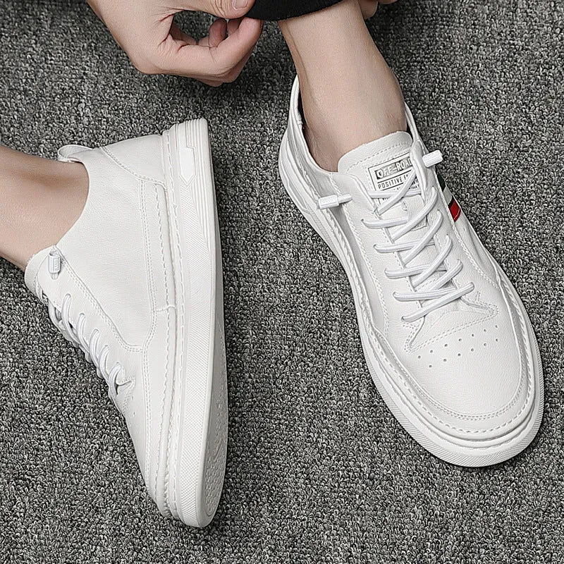 Summer breathable unisex casual shoes with inner increase, leather upper, round toe, white colour