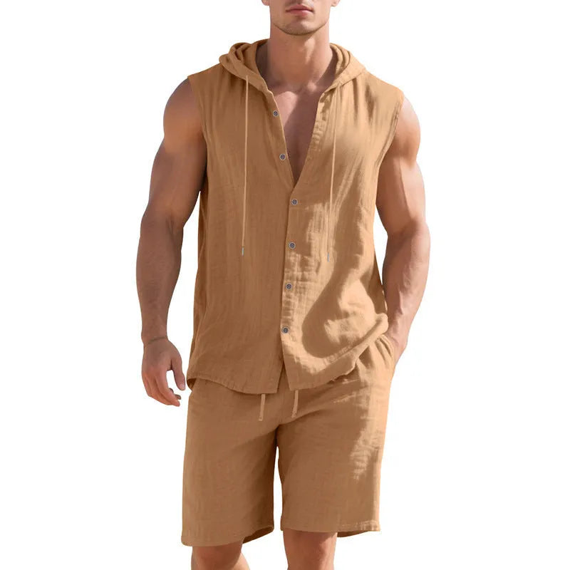 Men's linen sleeveless shirt and shorts suit on a hanger, shown in a light colour.