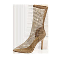 Gold mesh women's high heel sandals with pointed stiletto toe on rubber sole