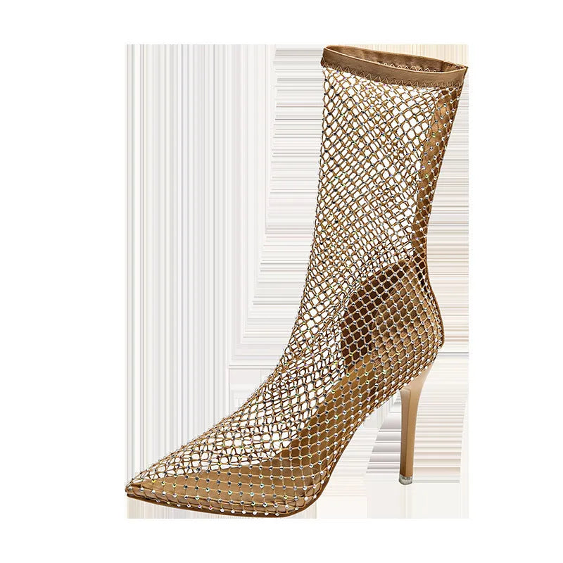Gold mesh women's high heel sandals with pointed stiletto toe on rubber sole