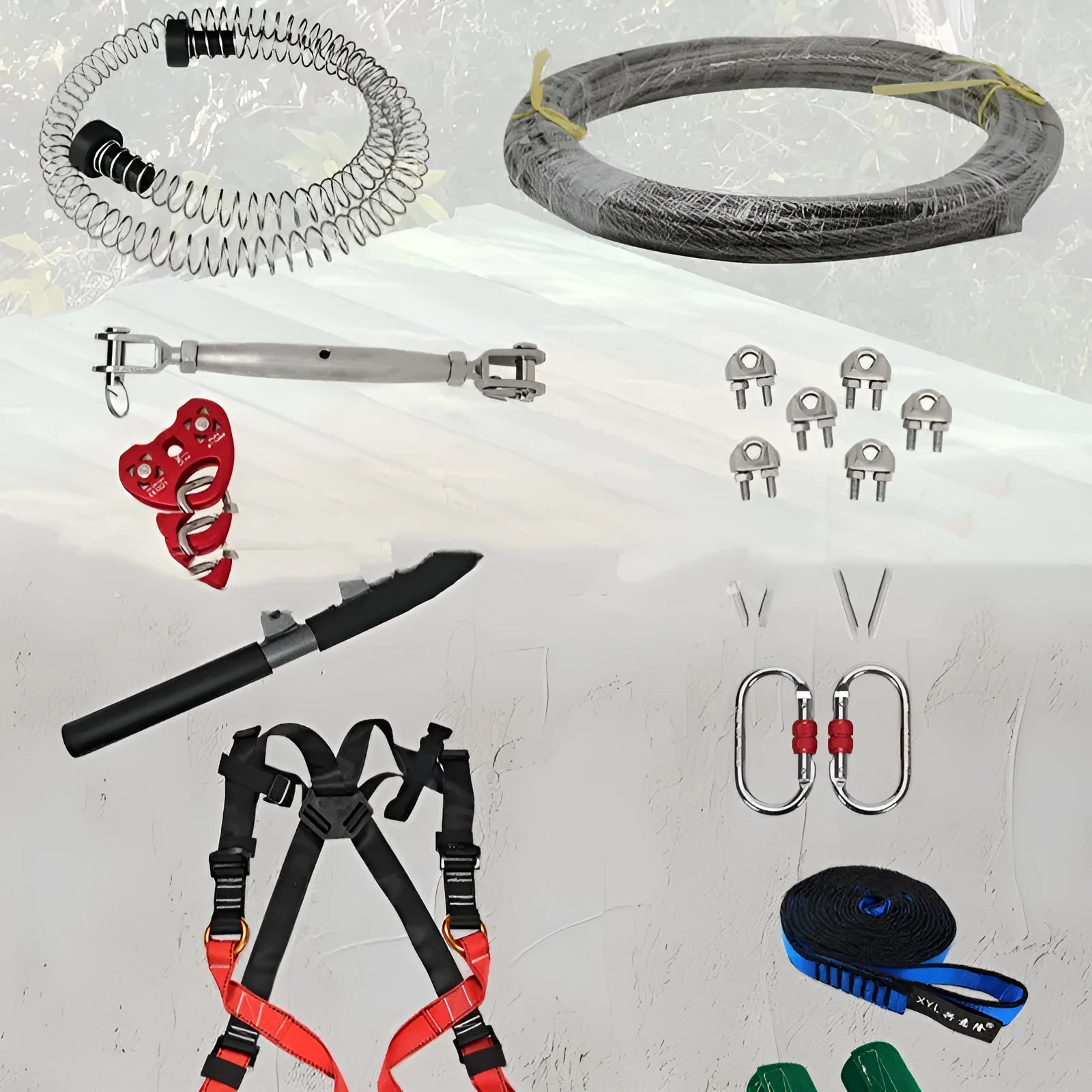 XYL Ziptreck 10 metre pulley slide rope kit with handle, safety retractor, and alloy steel hardware