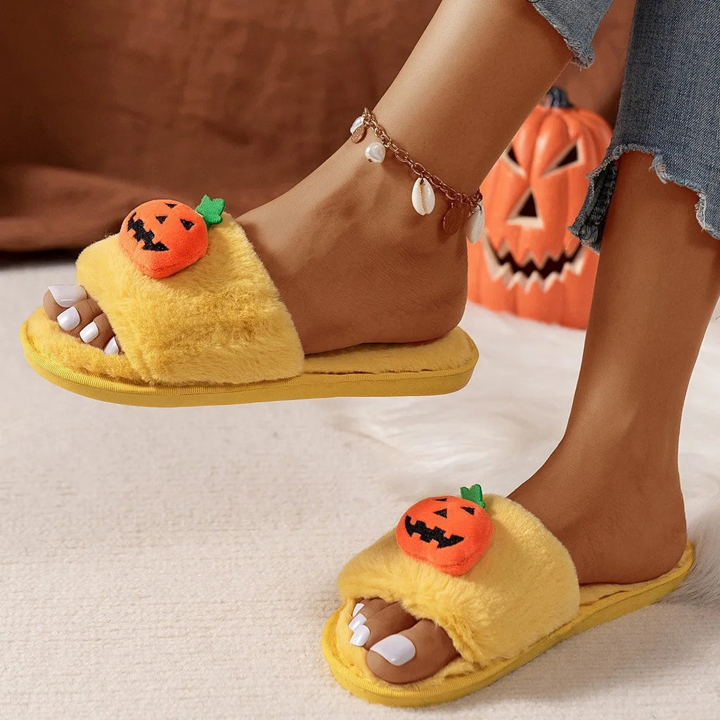 Halloween pumpkin plush slippers in white and yellow with synthetic fur and open toe design