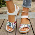 White women's high heel sandals with adjustable Velcro buckle strap on a casual rubber sole.