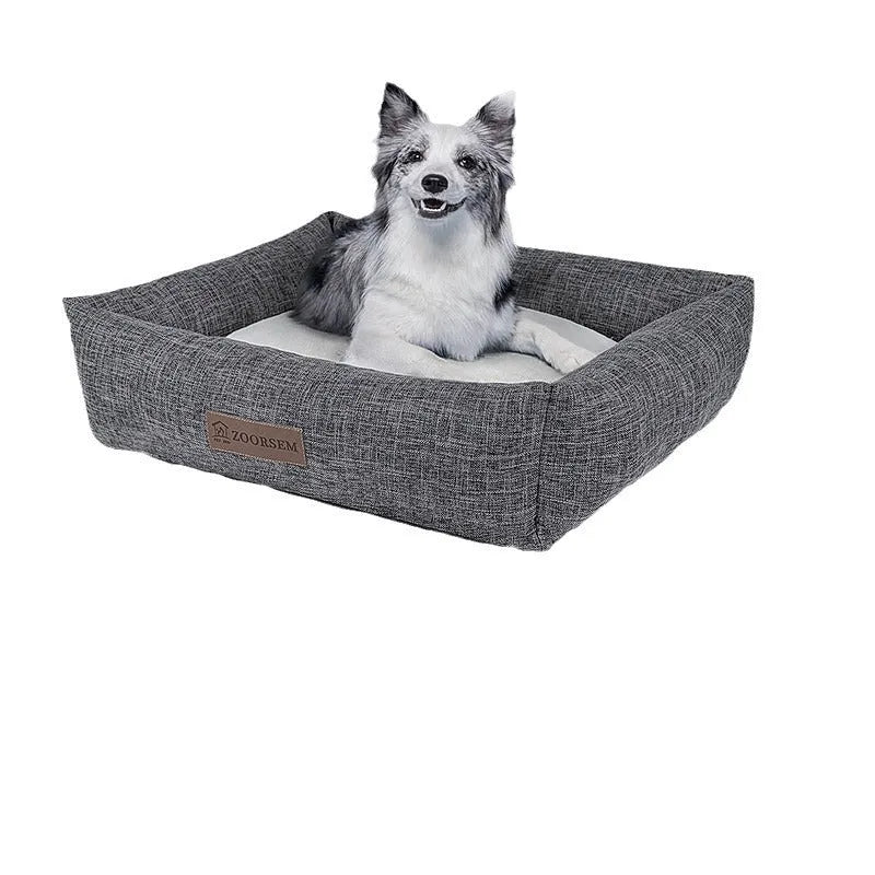 Square linen-style pet bed for dogs in gray brown plaid pattern for autumn winter warmth