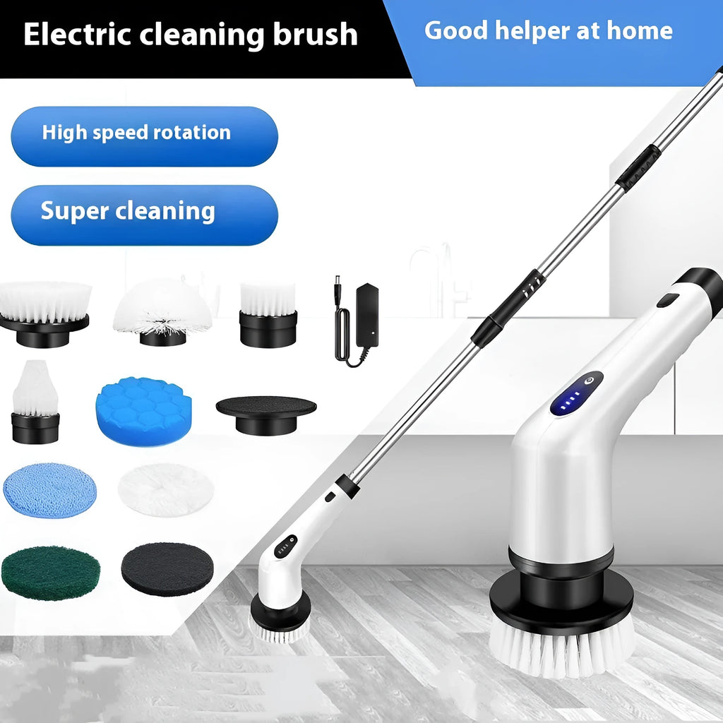 White handheld rechargeable cleaning brush with lithium battery and accessories