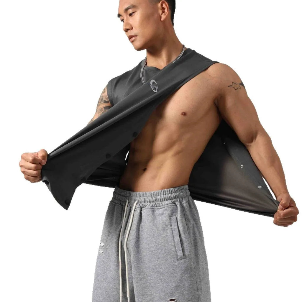 Men's loose grey cotton fitness vest with a hidden hook opening at the front.