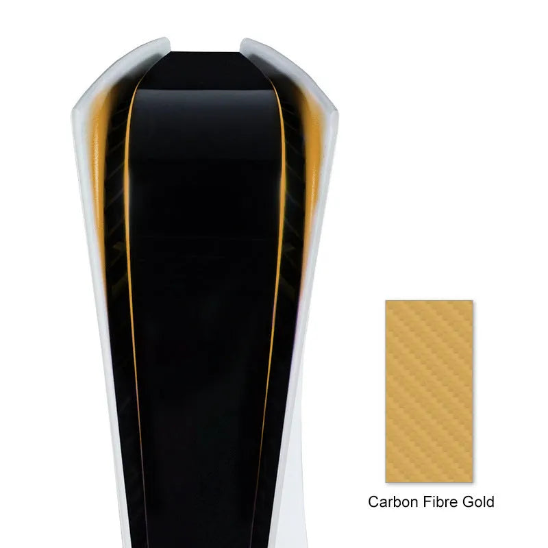 PS5 light bar film sticker in carbon fibre pattern showing blue, gold, pink, and red colour options.