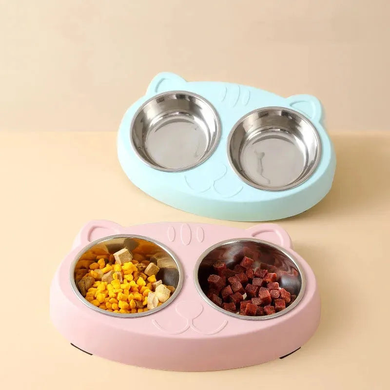 Plastic double bowl pet feeder tray in macaron colours for cat and dog food and water