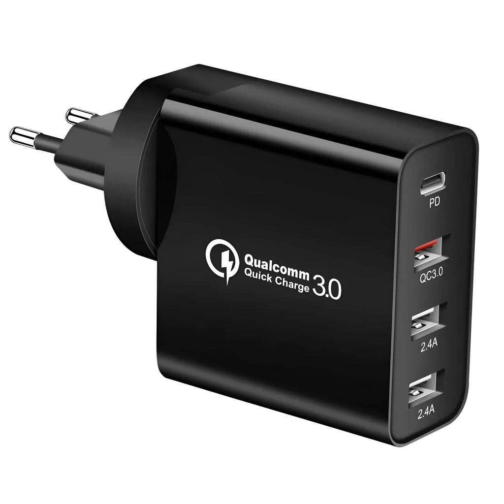 White multi-port USB fast wall charger with PD and QC support on a table.