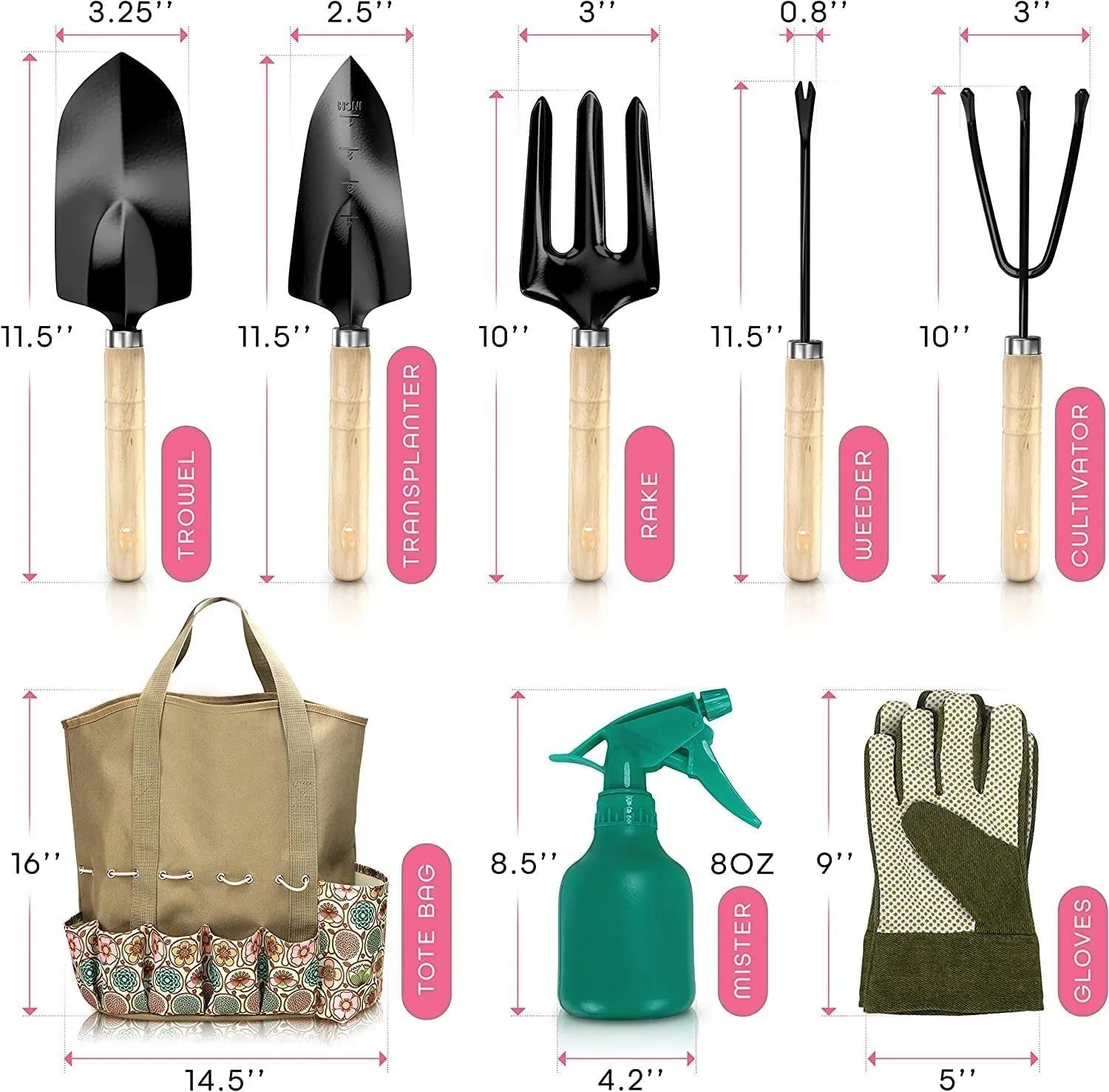 Eight-piece stainless steel gardening tool set including trowel, weeder, and cultivator