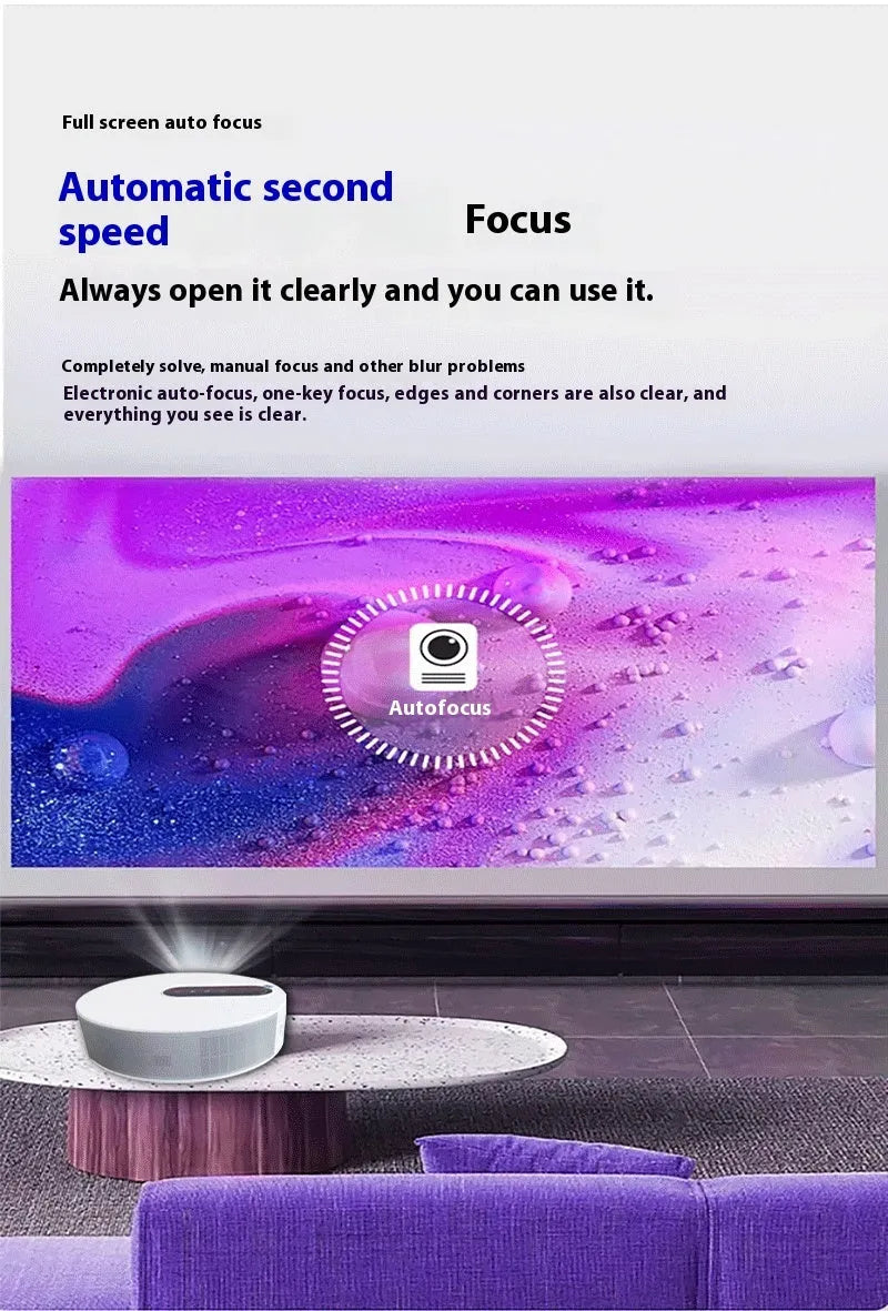 White 720p HD home theatre projector with remote control on a table
