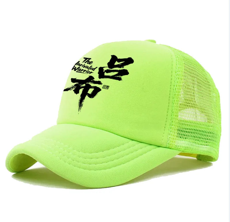 Men's white polyester baseball cap with adjustable snapback closure on a grey background.