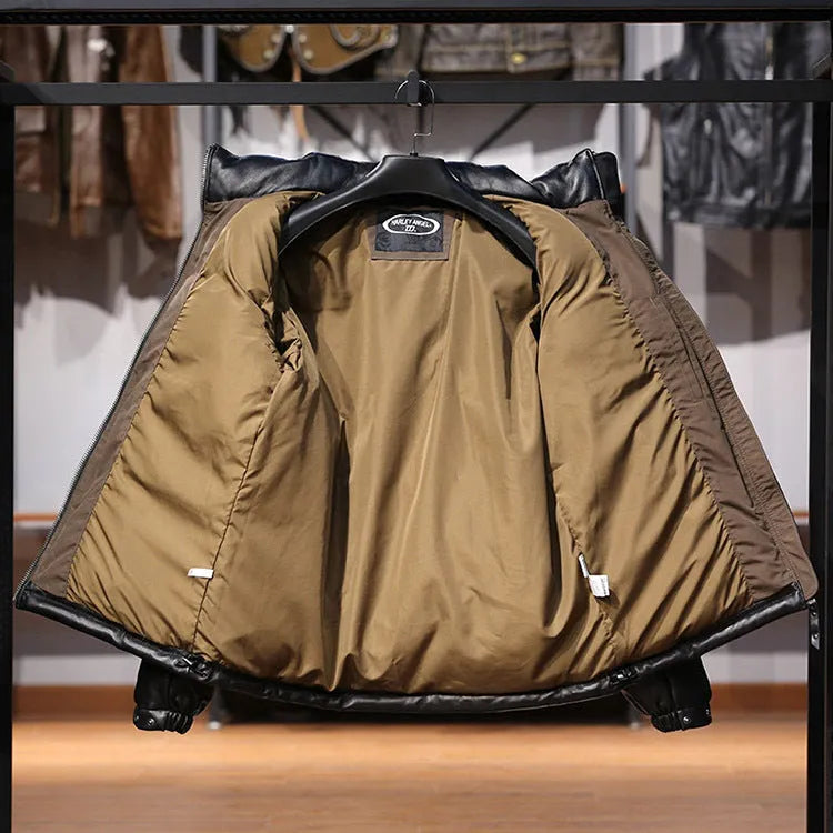 Men's black stand collar sheepskin down leather jacket with white duck down filling, pocket decoration, and cashmere fabric