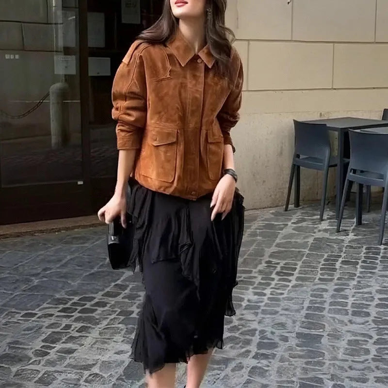 Women's brown polyester suede coat with regular sleeves and street chic styling