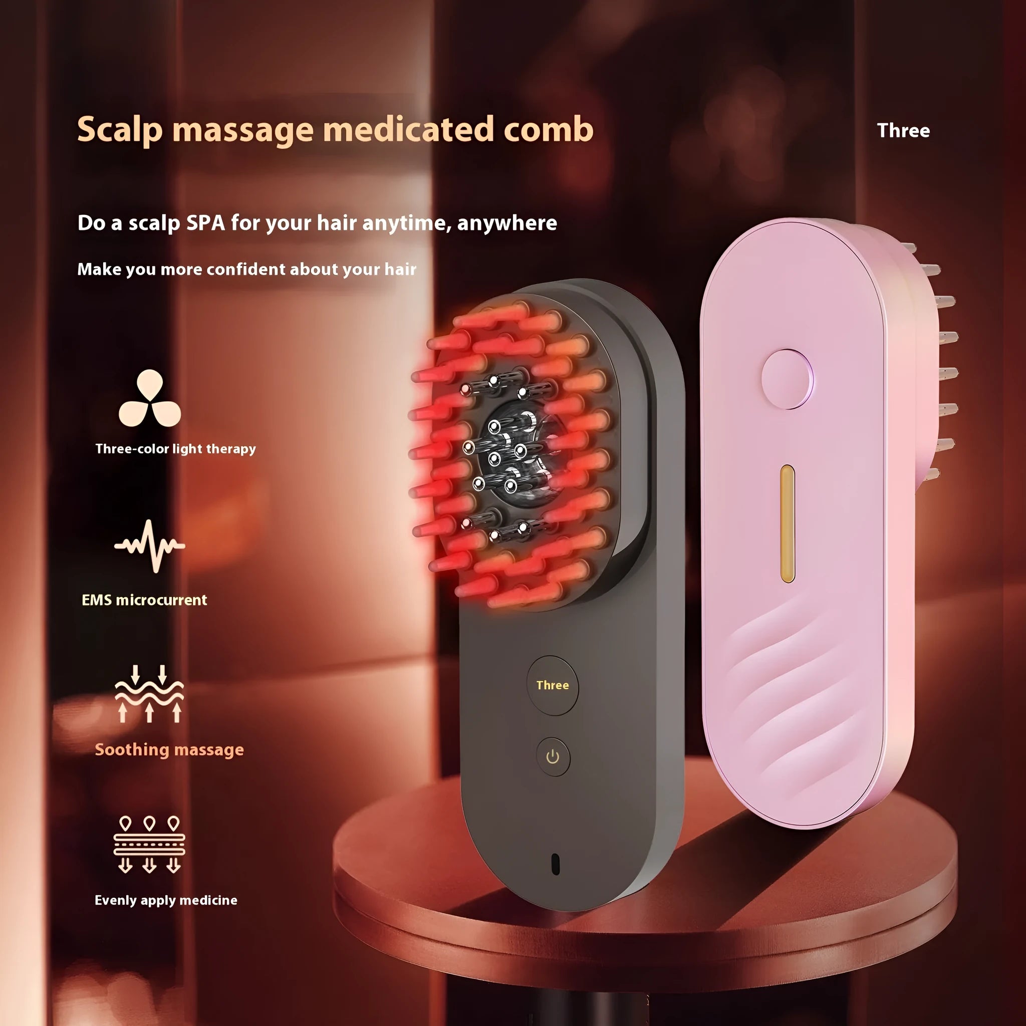 Pink and black smart massage comb for scalp care with red light therapy, shown next to a ruler under 10cm.