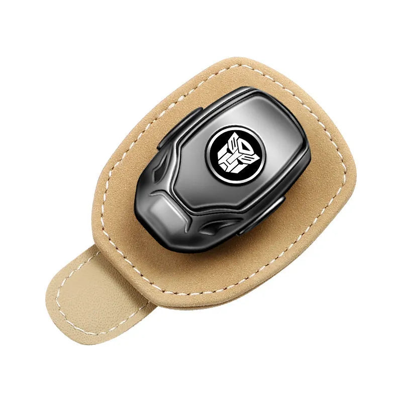 Suede multifunctional glasses clip on car sun louver, beige colour, holding sunglasses, compact 9.5 x 5.3 cm size